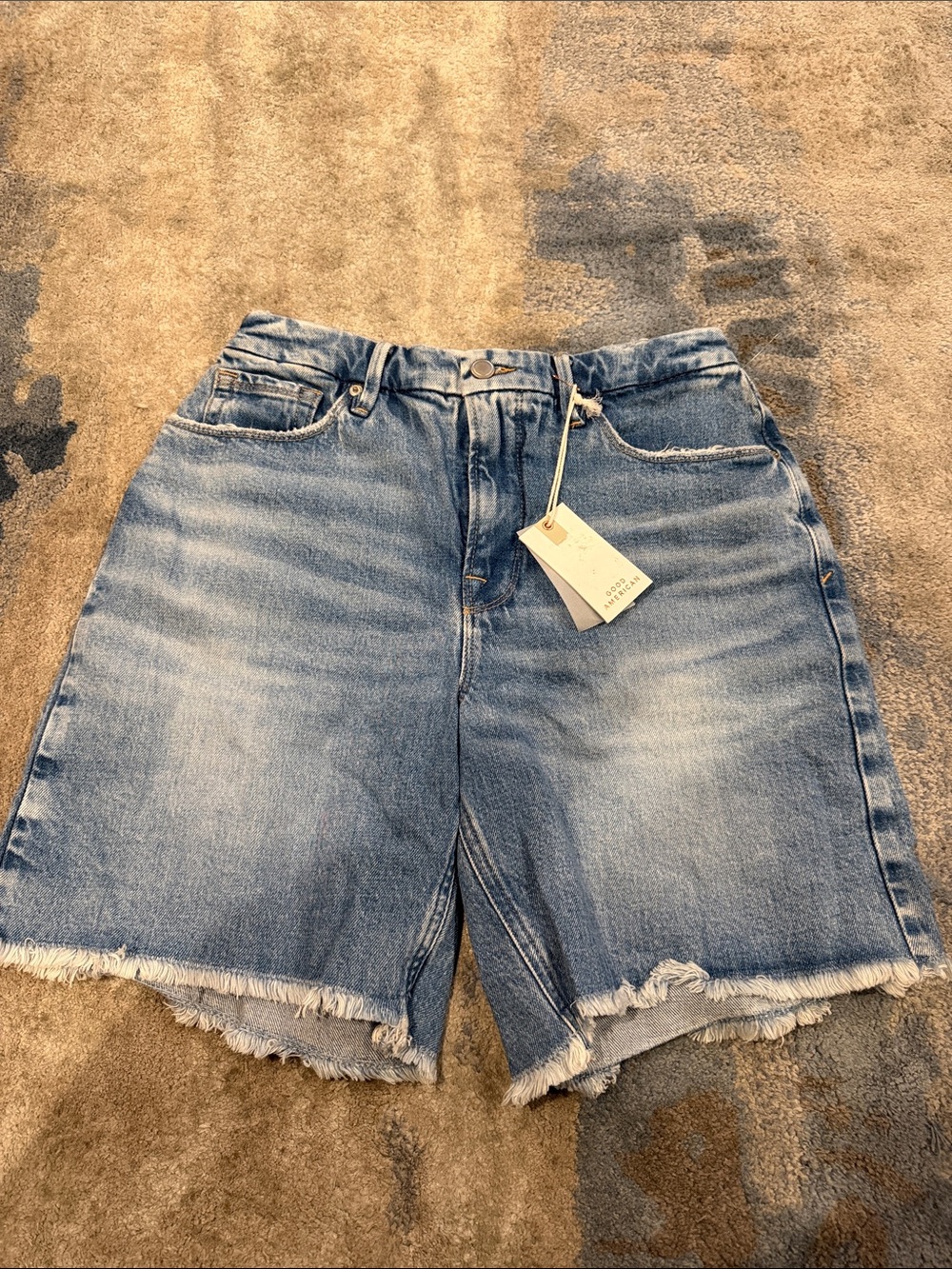 Good American Light Blue Frayed Hem Denim Shorts